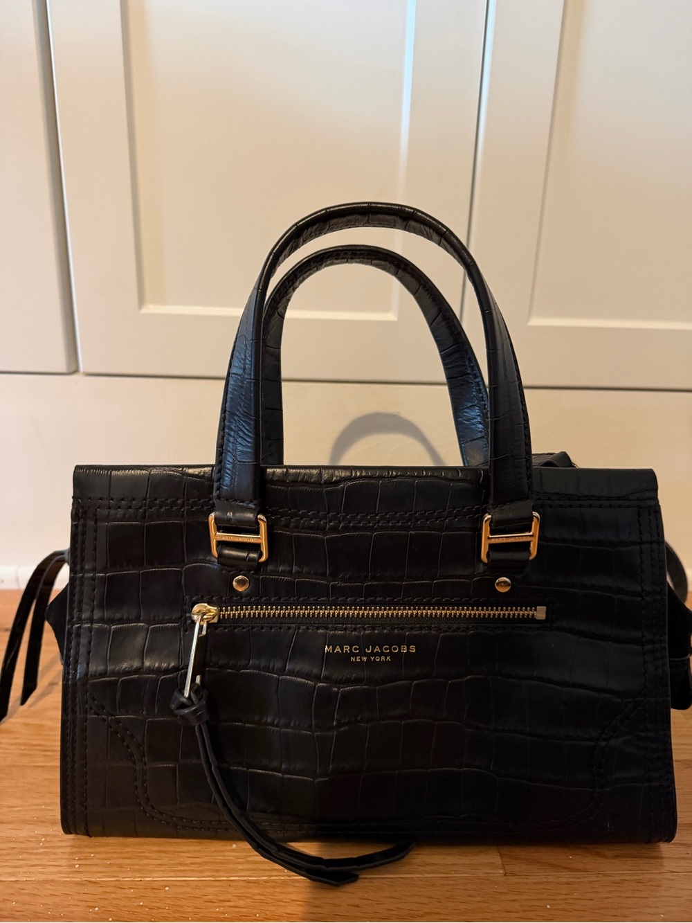 Marc Jacobs Black Croc-Embossed Satchel with Gold Hardware